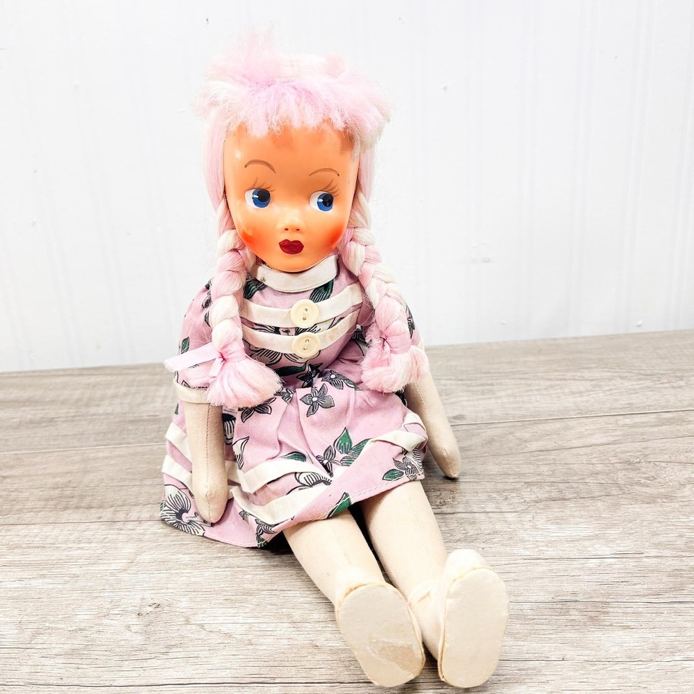 Vintage Cloth Sawdust Doll:‎ 1940s Celluloid Face Doll, 16 inches tall
